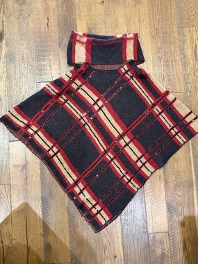 Chico's Red, Black, Cream Plaid Knit Poncho